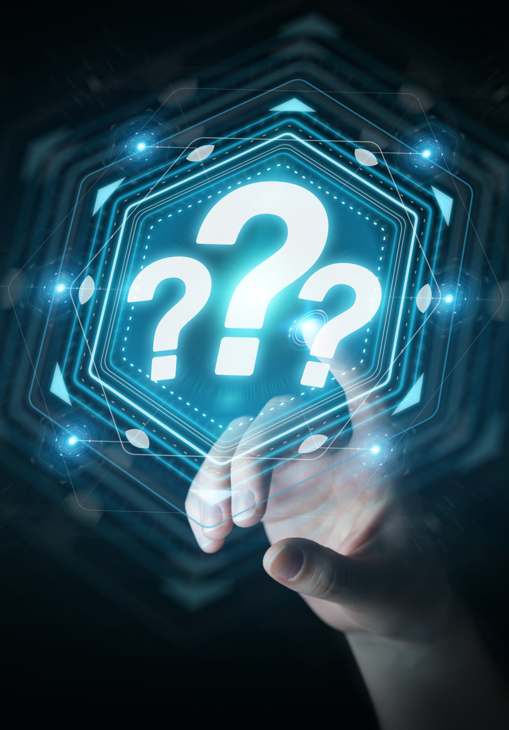 Businesswoman on blurred background using question marks digital interface 3D rendering
